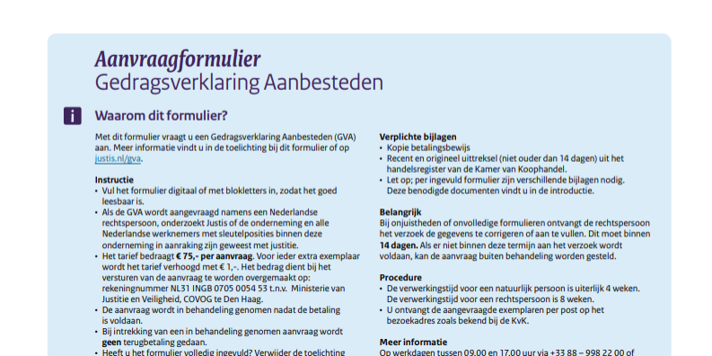 Voorbeeld aanvraag formulier Gedragsverklaring Aanbesteden
